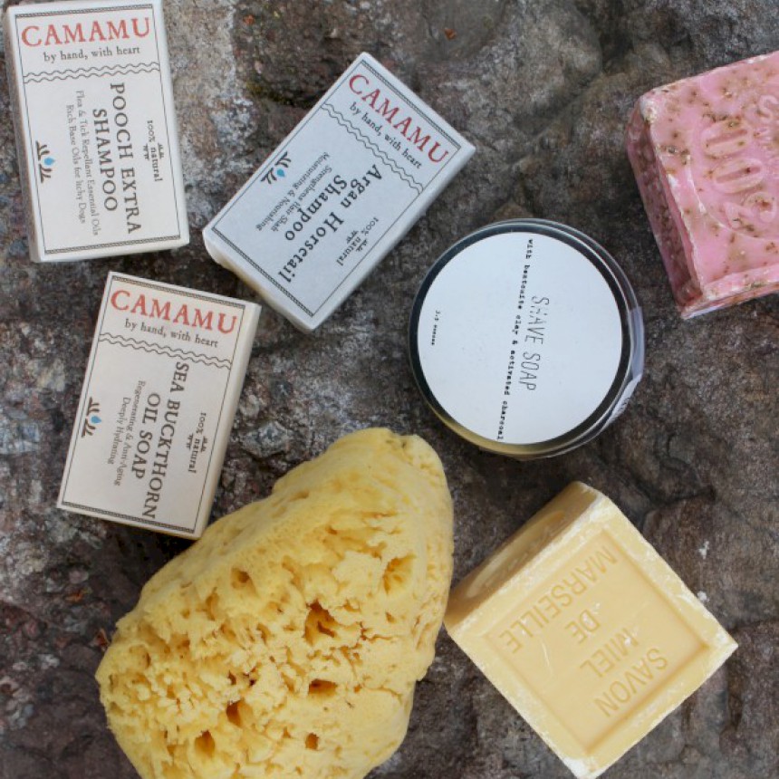 Natural Loofah, Camamu Soap from Portland, French Block Soap, and Shave Soap from La Conner